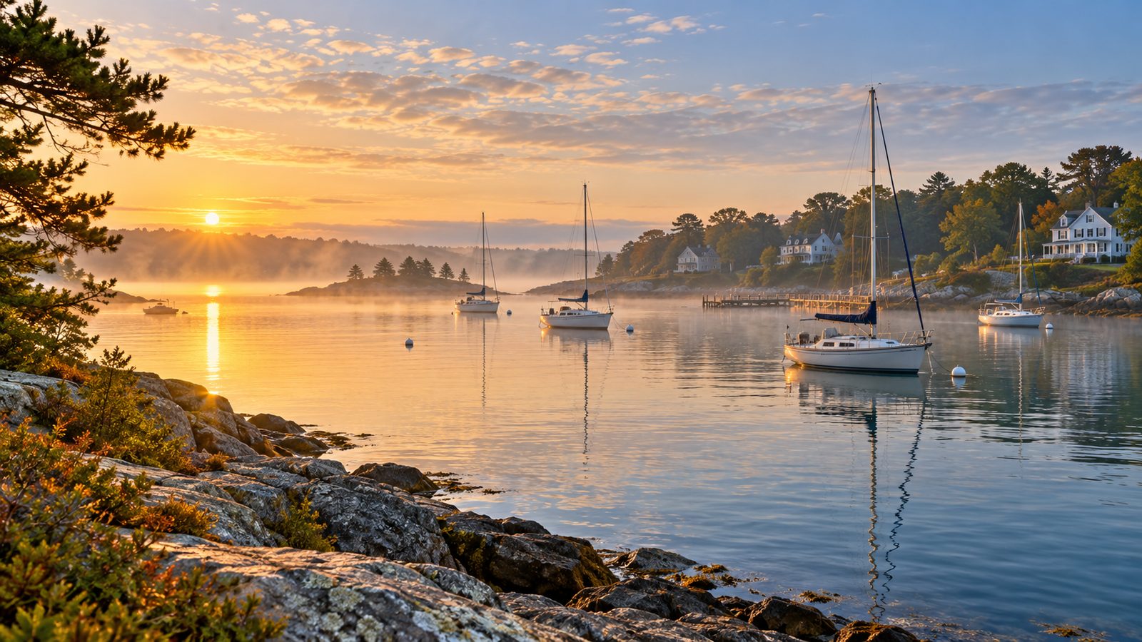 A calm Rhode Island-style harbor at sunrise with moored sailboats and a wooded shoreline