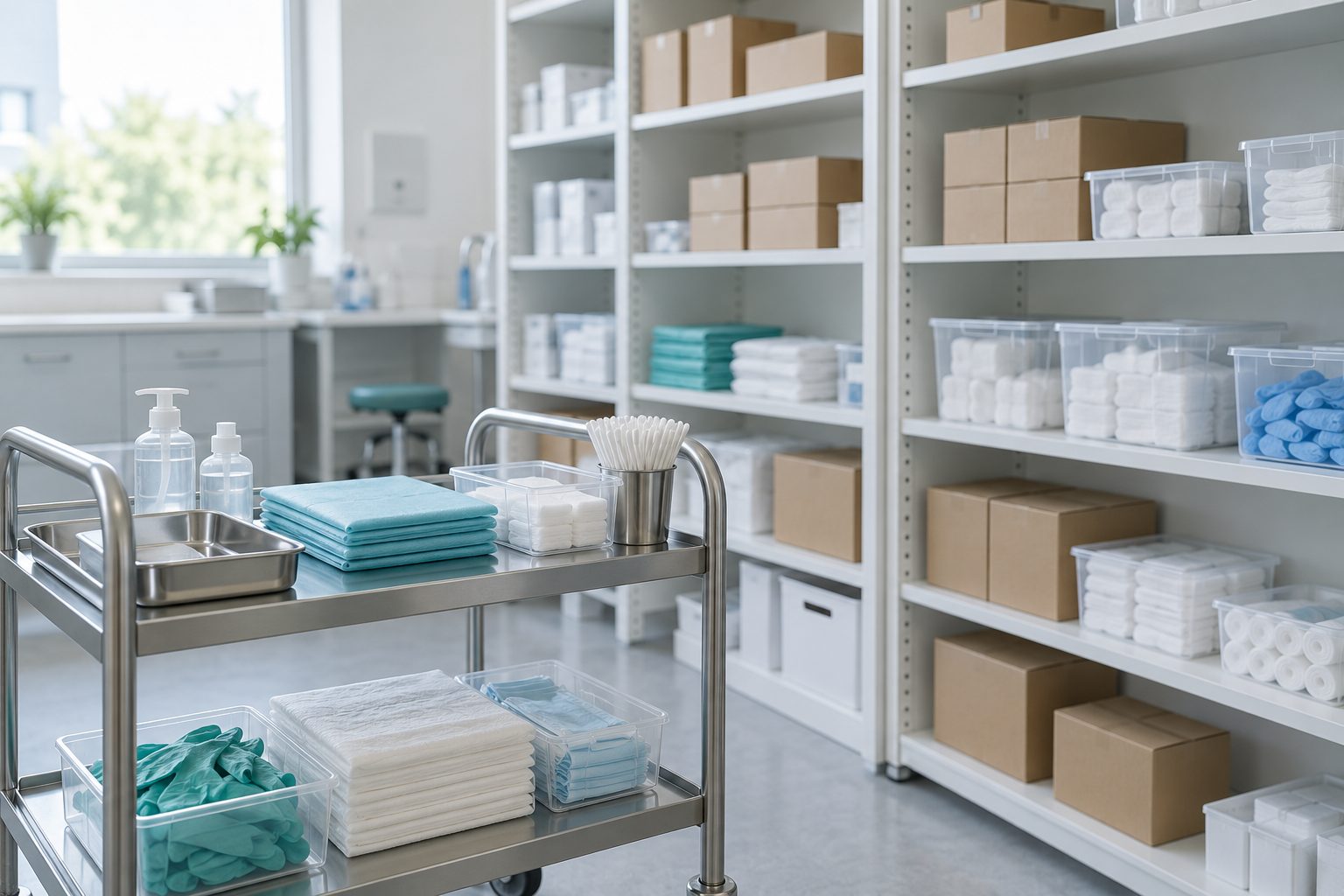 Neatly stocked shelves and a steel cart of medical supplies in a bright clinic storeroom