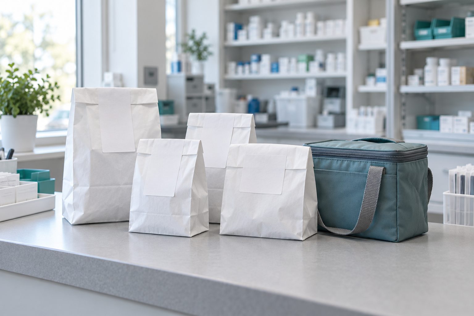 Sealed white pharmacy bags and an insulated tote on a pharmacy counter